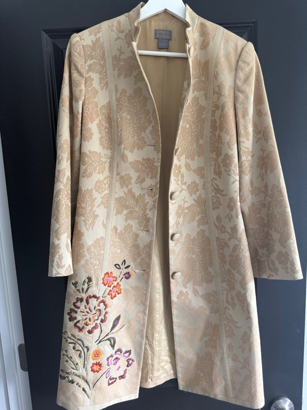 Sigrid Olsen Floral Jacquard Coat Embroidered Long Jacket Size 2 Elegant Neutral